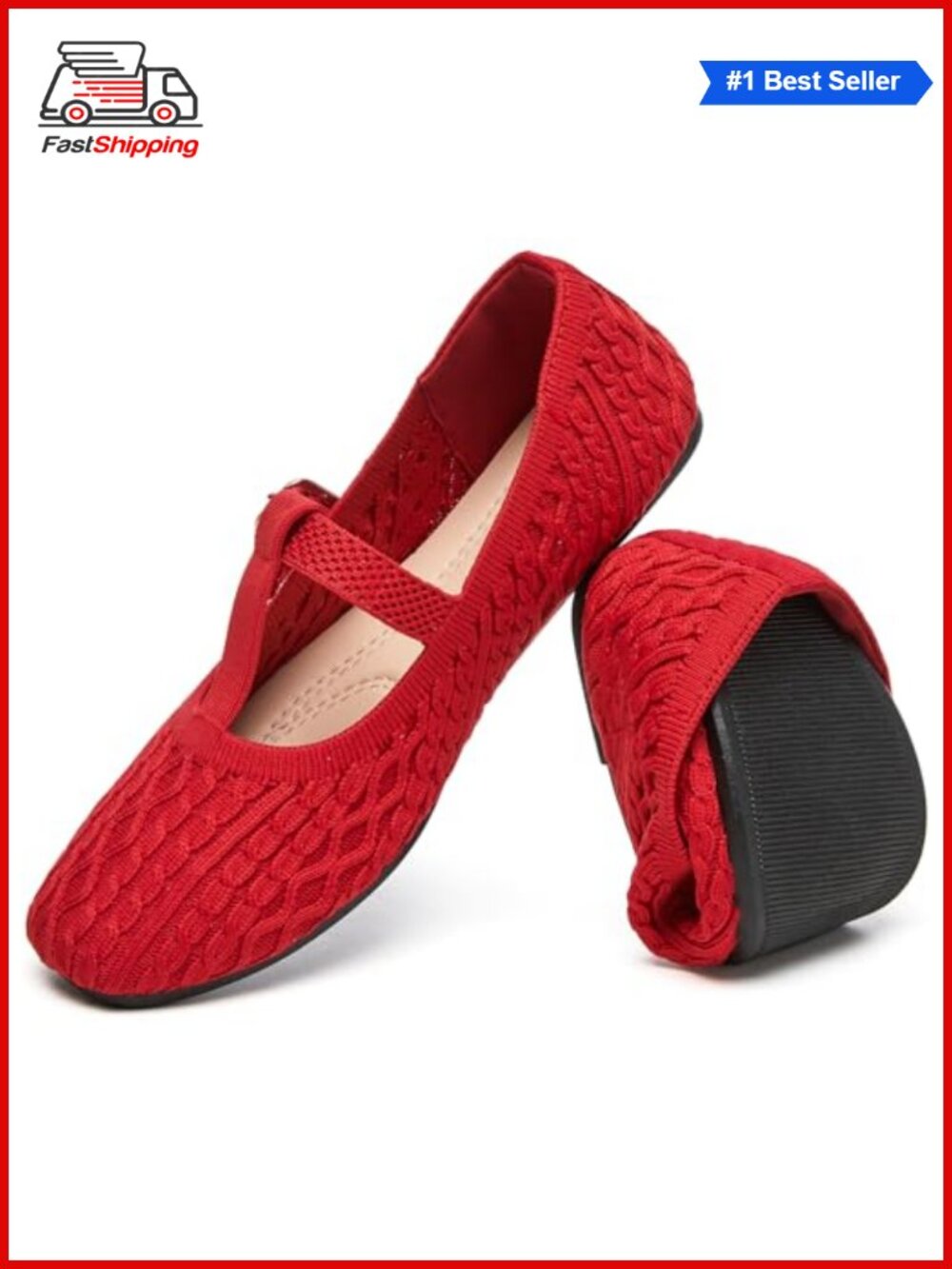 HEAWISH Women's Knitted Mary Janes Flats Square Toe Slip-On Comfort Walking